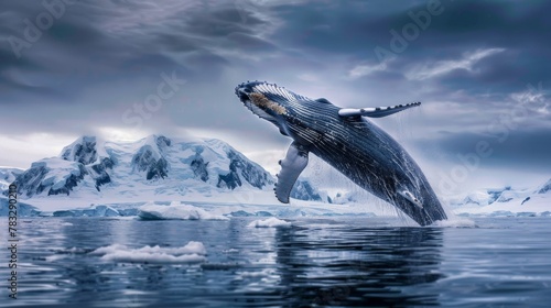 A humpback whale is seen leaping out of the water in Antarctica  with an iceberg in the background. The massive creature displays its power and agility as it breaches the surface.