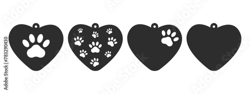 Set of vector heart shaped designs with dog paw for earrings, pendant or keychain. Jewelry silhouette laser cut template. Cnc cutting with metal, wood or leather