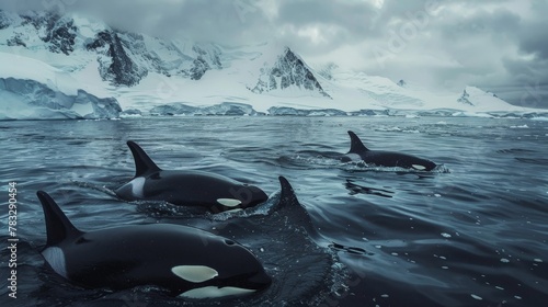 A group of orca whales, also known as killer whales, gracefully swimming in the ocean waters. The powerful marine mammals are easily identifiable by their distinctive black and white coloration as photo