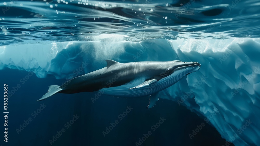 A dolphin swims gracefully in the frigid waters near a towering iceberg. The mammals sleek body contrasts with the icy surroundings as it navigates the chilly ocean. - obrazy, fototapety, plakaty 