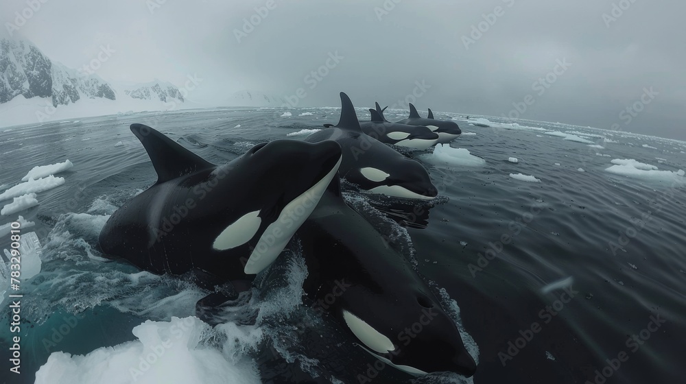 A group of orca whales, also known as killer whales, swimming ...