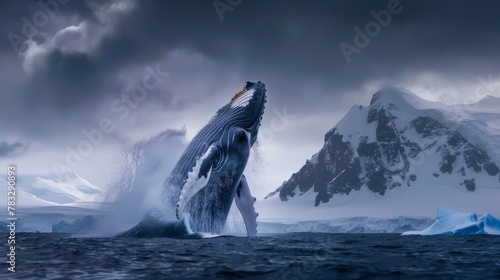 A humpback whale is seen breaching out of the water near an iceberg in Antarctica. The massive mammal gracefully leaps into the air, displaying its sheer power and agility.