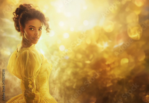 Pretty young black woman in a yellow fantasy dress. Hair pulled up. Retro vintage historical romance fairy tale style ball dress. African american female collection. Black teen girl. sideways