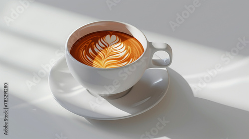 3D vector of an espresso cup with delicate rosetta latte art, dark espresso color contrast, photo
