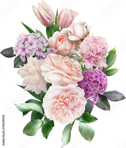 Pink roses, peony and tulip isolated on a transparent background. Png file.  Floral arrangement, bouquet of garden flowers. Can be used for invitations, greeting, wedding card.