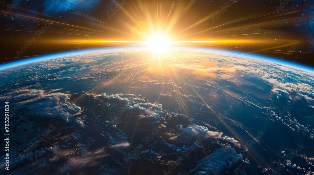 View from space, the sun is radiant as it shines over the Earth, illuminating the planet with its warm light. The Earth appears small and fragile against the vastness of space.