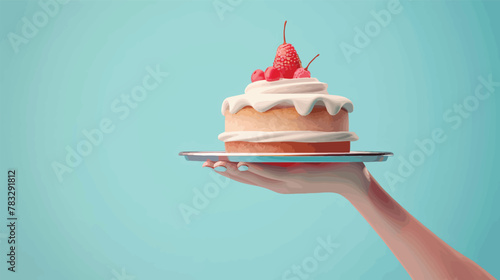 a hand holding a cake with white frosting and a strawberry on top