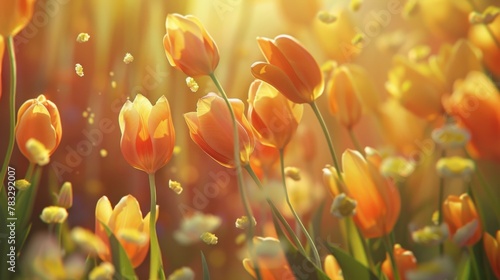 enchanting spring poster,  yellow and orange tulips blooming in the  garden, their petals swirling gently with each breeze.  #783292007