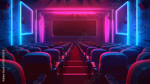 an empty theater with rows of seats and a large screen