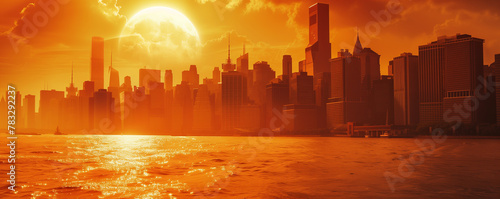Illustration of heatwave gripping a city skyline, with shimmering heat waves and residents seeking relief from sweltering temperatures. photo