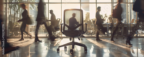 empty chair in an open-concept office space, with silhouettes of company employees in motion around it. photo