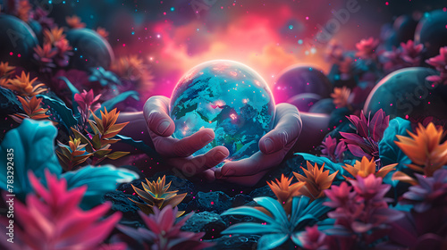 Fantasy composition with human hands gently holding a glowing Earth globe against a backdrop of radiant, otherworldly flora under a starry sky © kaitong1006