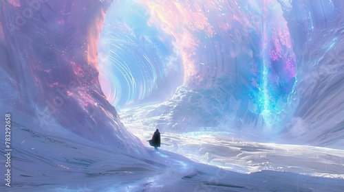 Futuristic landscape. Frozen movement, the figure of a man in a cloak in the distance, a fantasy world.