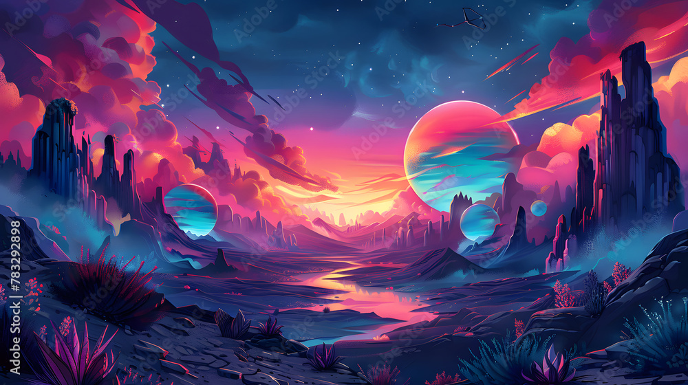 Illustration of an alien landscape with vibrant pink sunset, rock formations, and a serene river under a starry sky