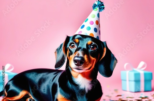 A cute dachshund dog is sitting. She is wearing a festive cap. Birthday. Confetti. atmospheric.