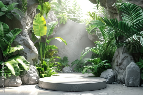 Round cement base in the middle of a simulated garden, Generative AI photo