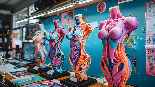 Vividly painted abstract anatomical sculptures on display in a modern art studio setting with creative equipment