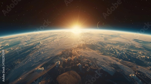 The sun casts a bright light over the Earth as seen from space. The suns rays illuminate the planets surface, creating a stunning celestial view of the solar system.