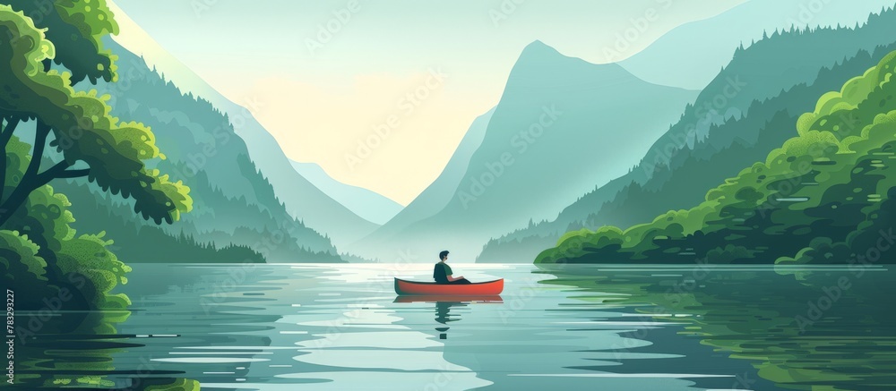 A man propels a red canoe across a serene lake, with majestic mountains in the backdrop - obrazy, fototapety, plakaty 