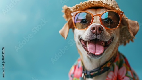 An adorable smiling dog wears hat with sunglasses on top and Hawaii dress for summer season on blue background. © Nataliya