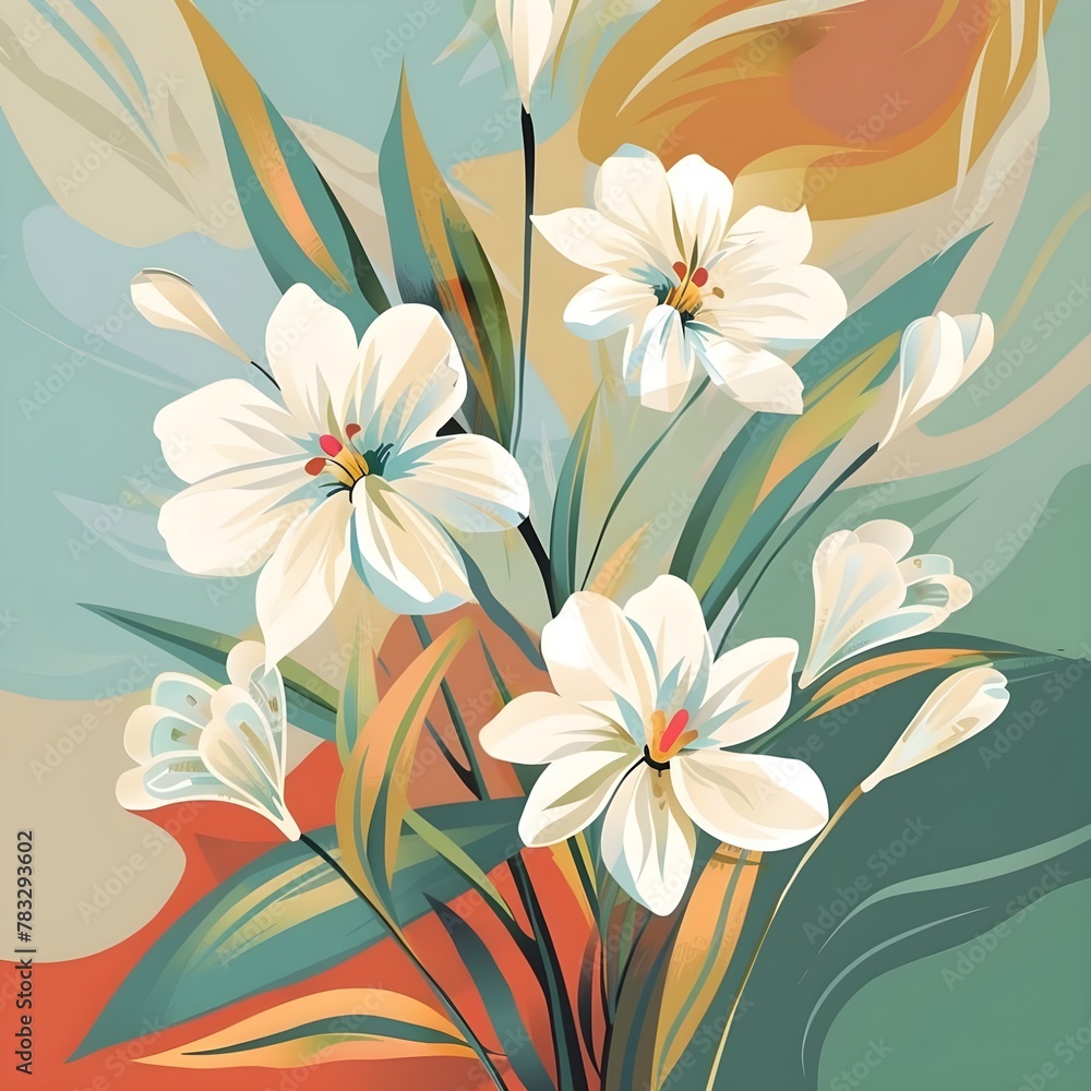 Obraz premium Vector flowers illustration, white flowers, modern art, art deco. vintage ditsy print with large white flower background. Cute botanical design. hand drawn wild flowers, herbs, leaves on a dark field.