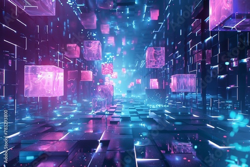 3D render of surreal cyberspace environment, floating neon shapes defying physics, VR concept, 2D Creative fantasy illustate