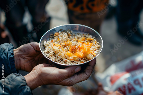 Person's hand holding plate with food at charity food distribution