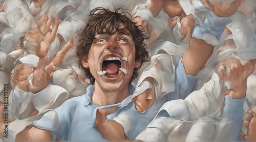 Bandages cover the eyes of a young man who is screaming I saw the eclipse in this humorous 3-d illustration about what can happen if you look at the. generative.ai photo