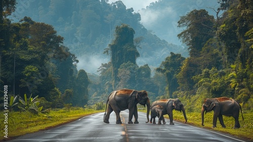 Fototapeta Naklejka Na Ścianę i Meble -  Herd of wild elephants from the deep jungle come out to walking on road that cross into the big mountain