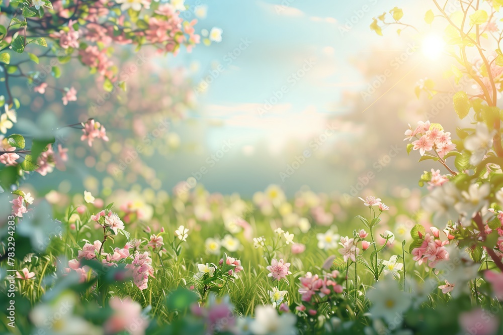 Beautiful blurred background image of spring nature with a neatly trimmed lawn surrounded by trees against a blue sky with clouds on a bright sunny day