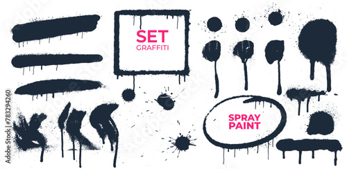 Spray paint banner set. Black spray paint abstract lines & drips. Ink splashes stencil. High quality manually traced. Drops blots isolated. Vector illustration. Grunge Design Elements. Black blots.