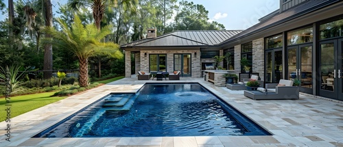 Serene Backyard Oasis: Expert Pool Care Solutions. Concept Backyard Pool Maintenance, Green Cleaning Products, Peaceful Outdoor Retreat, Expert Landscaping Services