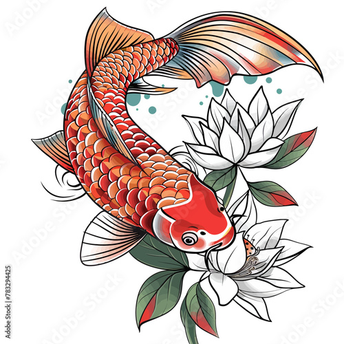 a koi fish with leaves and flowers on a white background
