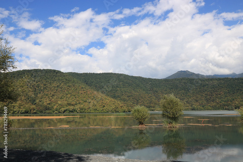landscape , mountains , trees and blue sky , lake