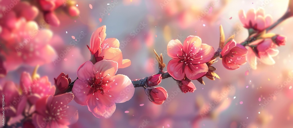 Close-up of a pink flower with water droplets on a branch, showcasing delicate beauty in nature. Close-up of a pink flower with water droplets on a branch, showcasing delicate beauty in nature.