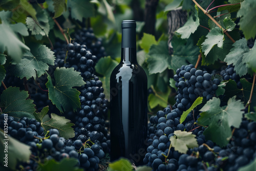 Black glass wine bottle standing among bunches of grapes, macro shot