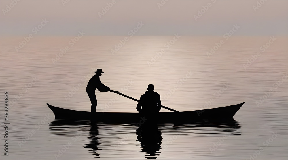 A person is seen silhouetted and reflected in the water as he or she rows a small boat on a transparent background. genarative.ai