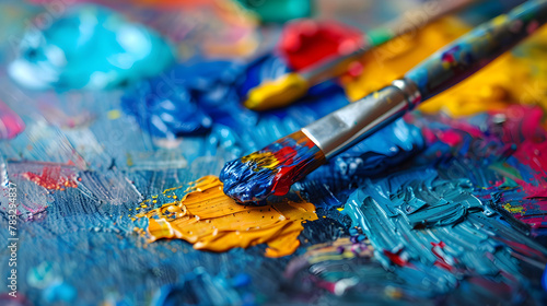 A child on the autism spectrum participates in an art therapy session at a rehabilitation center, creating a colorful and calming painting for sensory stimulation and emotional well-being. photo