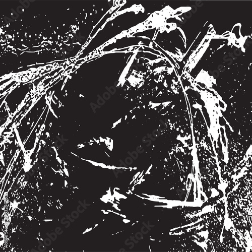 Monochrome texture composed of irregular graphic elements. Distressed uneven grunge background. Abstract vector illustration. Overlay for interesting effect and depth. Isolated on white background.
