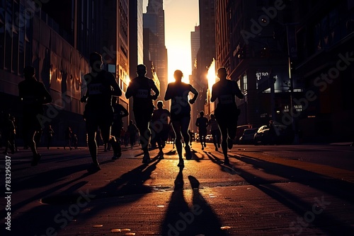 silhouette of a group of runners running together in the city 