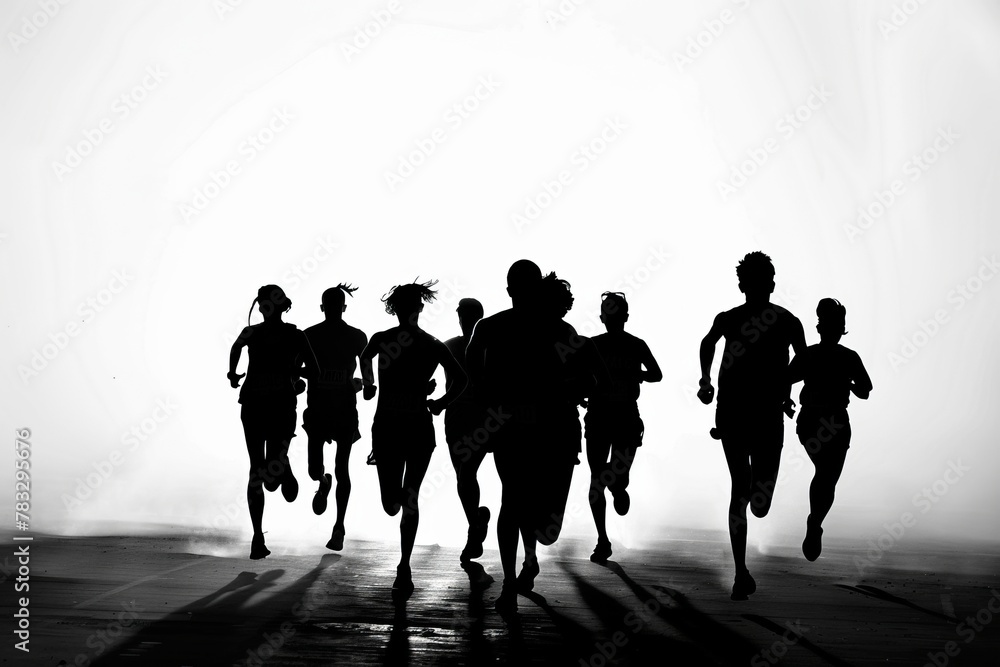 silhouette of a group of runners running together	
