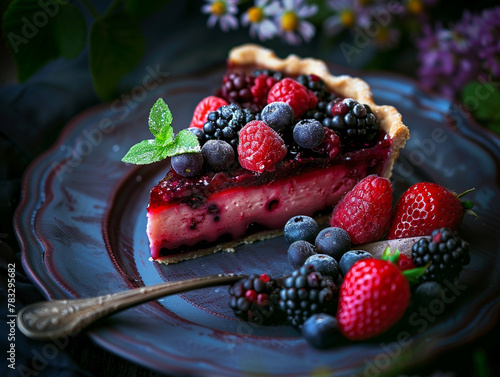A piece of berry cheesecake on a beautiful plate. Cheesecake decorated with raspberries, strawberries, blueberries and blackberries, mint and powdered sugar. Aesthetic photo