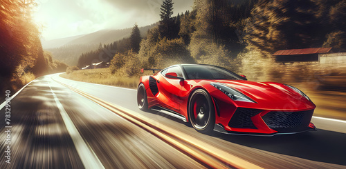 Unleashing Velocity: A Red Sports Car’s High-Speed Pursuit on Open Roads photo