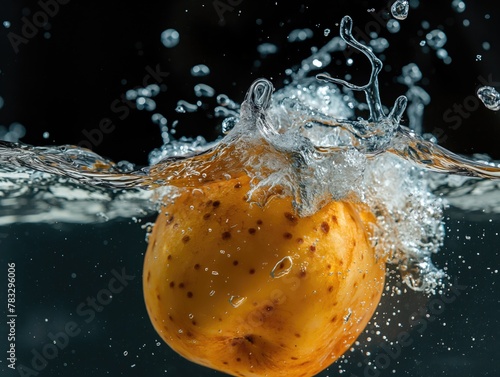 Potatoes, sinking in water tank, high speed, professional photography.