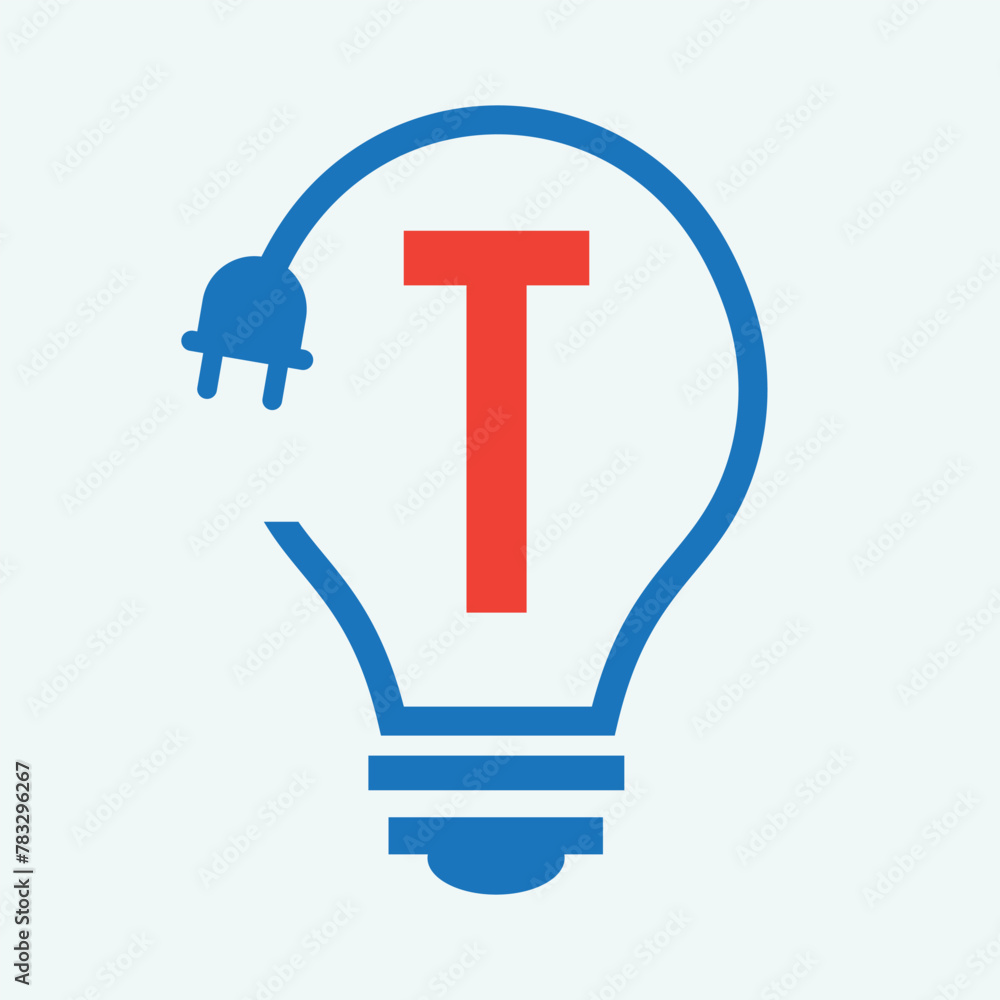 Bulb Logo On Letter T Concept For Electrical Symbol. Electricity Sign Bulb Logo On Letter T Concept For Electrical Symbol. Electricity Sign