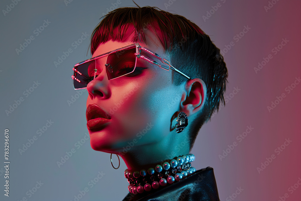 A woman stands wearing sunglasses and a leather jacket. A woman stands wearing sunglasses and a leather jacket.