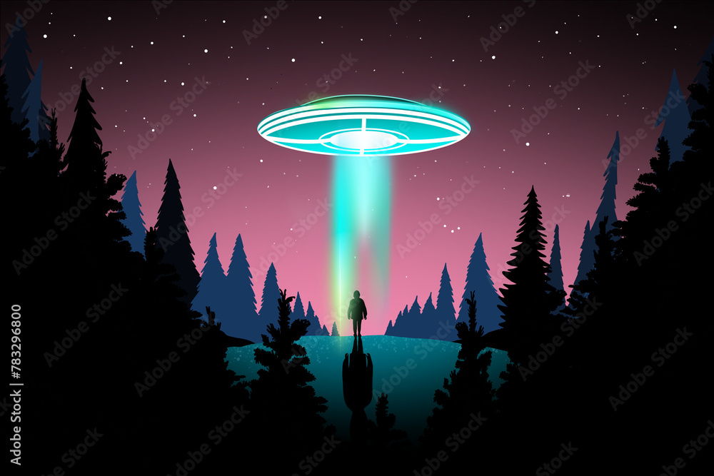 A man standing in front of a forest under a neon green alien ship A man standing in front of a forest under a neon green alien ship