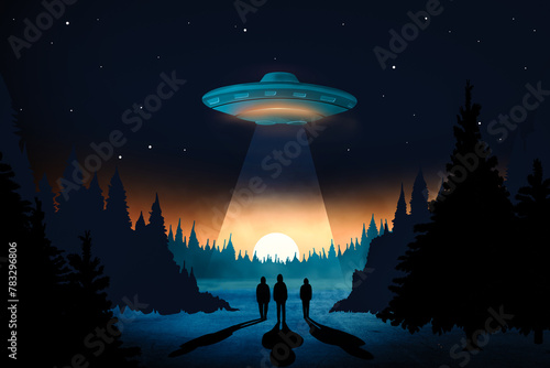 A painting of three people standing in front of an alien spaceship photo