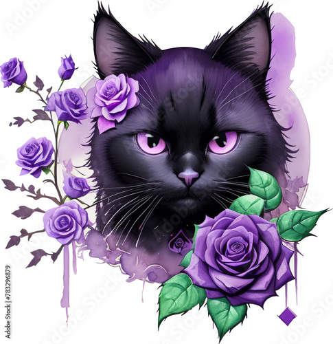 A black cat with lilac flowers. Roses. Mysticism. Stylish print.