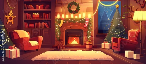 Festive indoor scene featuring a beautifully decorated fireplace and a Christmas tree covered in ornaments and lights